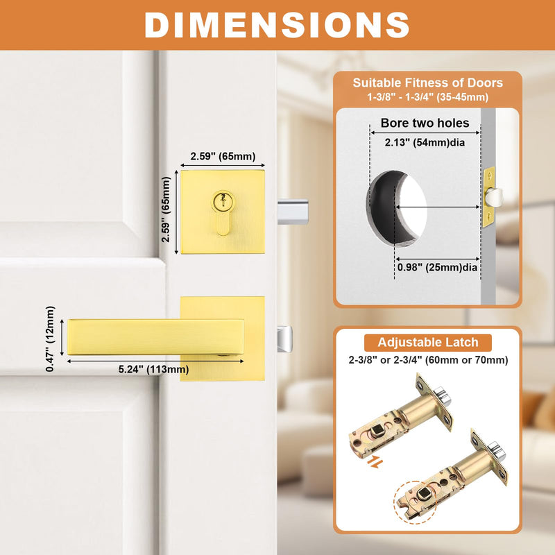 Probrico Keyed Alike Brushed Gold Exterior Door Locksets Square, Satin Brass Front Door Passage Handle and Single Cylinder Deadbolt Set, 1Pack 1