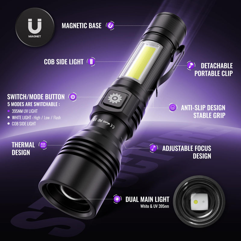 DARKDAWN 3 in1 Super Bright Flashlight & UV Flashlight 395nm, High Lumens USB Rechargeable LED Flashlights,Handheld Portable Flash Lights for Camping, Outdoor Adventure, Pet Urine Stains (2pack) 2 pack