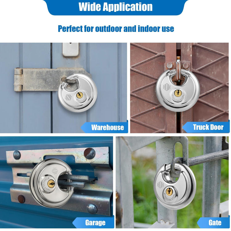 HOX Keyed Disc Padlock, Stainless Steel Keyed-Alike Padlocks, 6-Pack Heavy Duty Locks, Waterproof Outdoors Lock with 3/8 Inch Shackle, 2-3/4 Inch Wide Body, for Hasp Latch, Fences, Storage Locker DP-6P