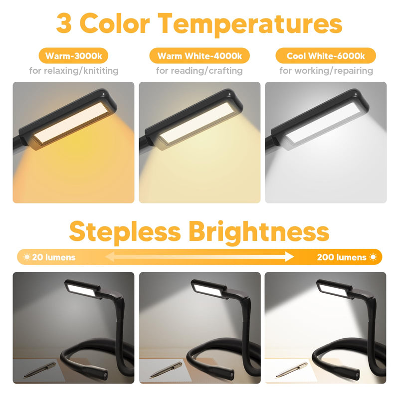 Neck Reading Light Book Lovers Gifts, Rechargeable 2000mAh 10-80Hrs Eye-friendly Wide Lamp Booklight, Birthday Christmas Stocking Stuffers for Men Women Readers, Camping Knitting Crochet Accessories Black