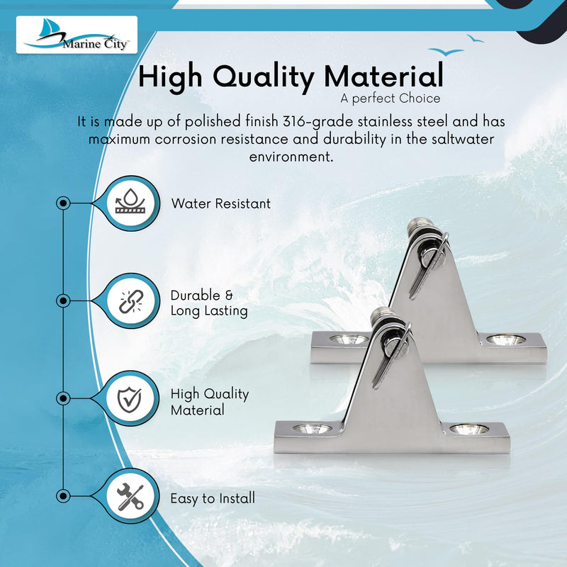 Marine City 316 Stainless Steel Bimini Top Deck Hinge Swivel Mount with Removable Pin – Side Mount Boat Bimini Hardware for Marines, Yachts and Ships (Pack of 2)
