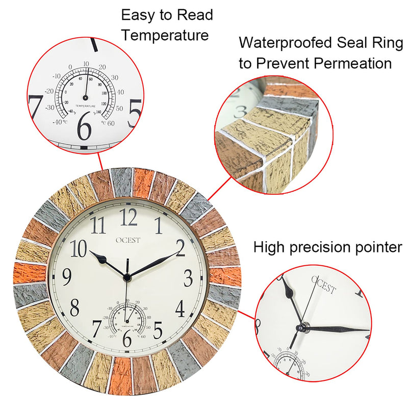 OCEST 13 Inch Indoor Outdoor Clock Waterproof with Thermometer, Weather-Resistant Non-Ticking Battery Operated Decor Clock for Patio, Pool, Lanai, Fence, Porch, Garden (Yellow) Yellow