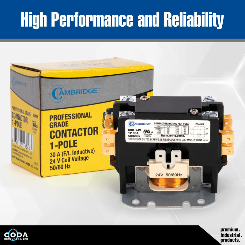 Cambridge 1-Pole 40A 24V AC Coil Definite Purpose Contactor for Air Conditioner Condenser Compressor