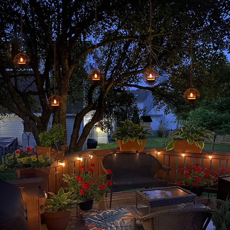 Solar Hanging Lanterns Outdoor Waterproof, Rust Iron Ball Candle Holder with Flickering Solar Powered Tea Lights, Perfect Chargeable Solar Lights for Backyard Patio Garden Fence Tree Decoration-4Pack 4PK Hanging Lights