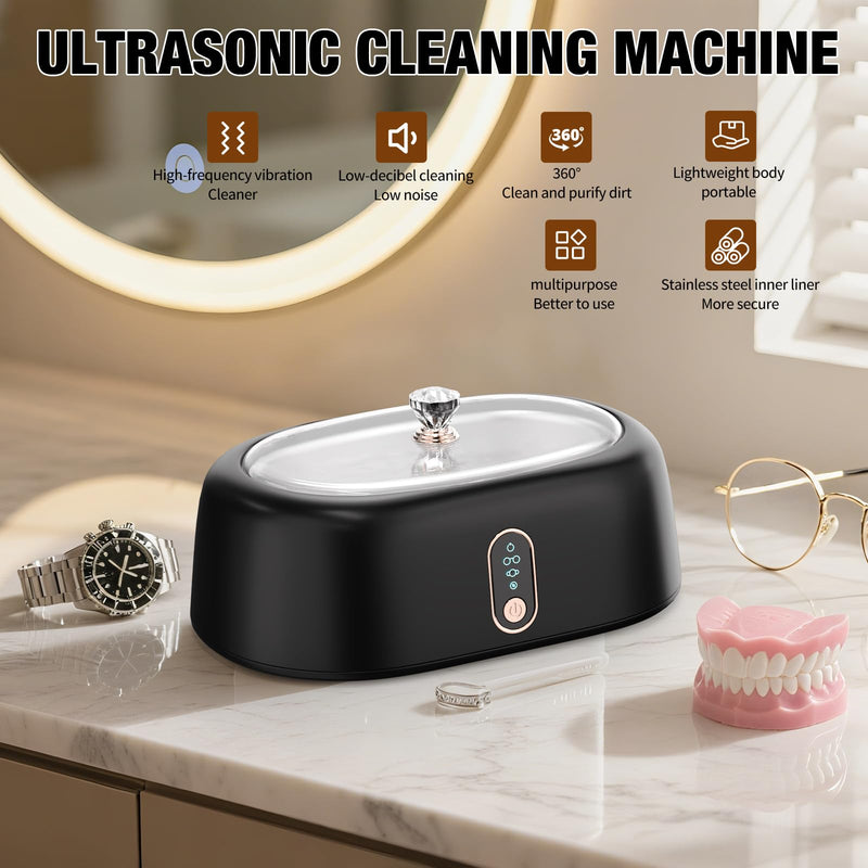 Ultrasonic Jewelry & Retainer Cleaner - 45KHz Sonic Cleaner for Eyeglasses, Rings, Watches, Invisalign, Night Guards - 500ML (17oz) SUS 304 Tank, 4 Timer Modes - Black