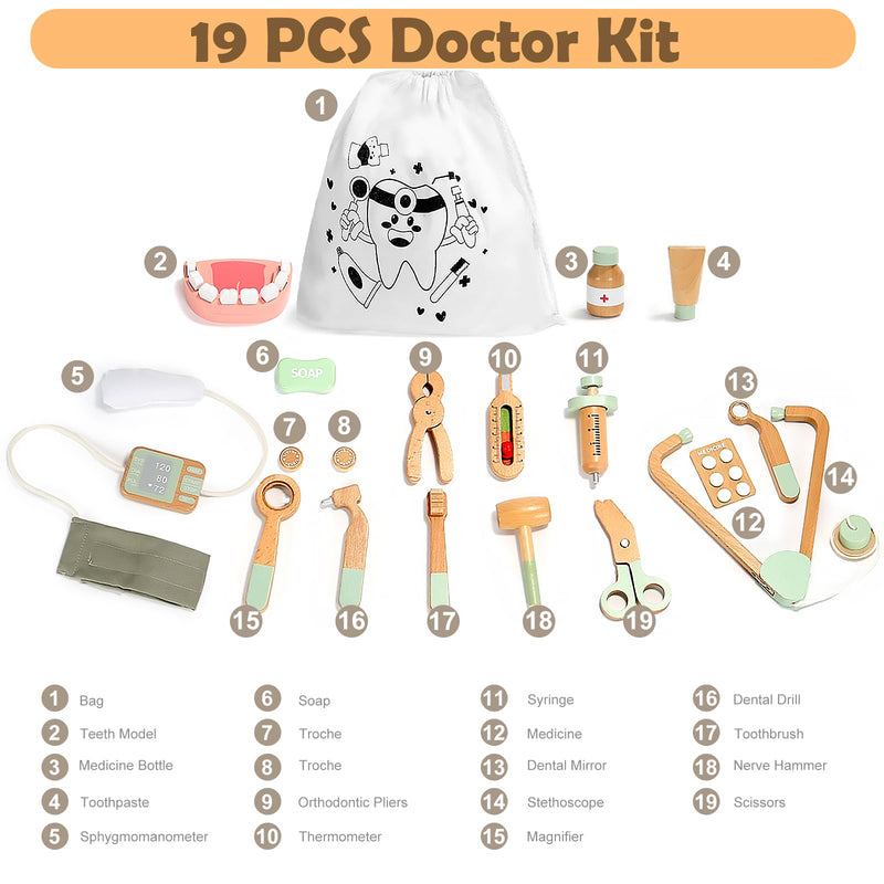 Wooden Doctor Kit for Kids, 19Pcs Pretend Play Dentist Toddlers Doctor Medical Toy Set with Stethoscope Syringe Thermometer Tooth Model and Carry Bag Montessori Role Play Gift for Boys Girls Ages 3+