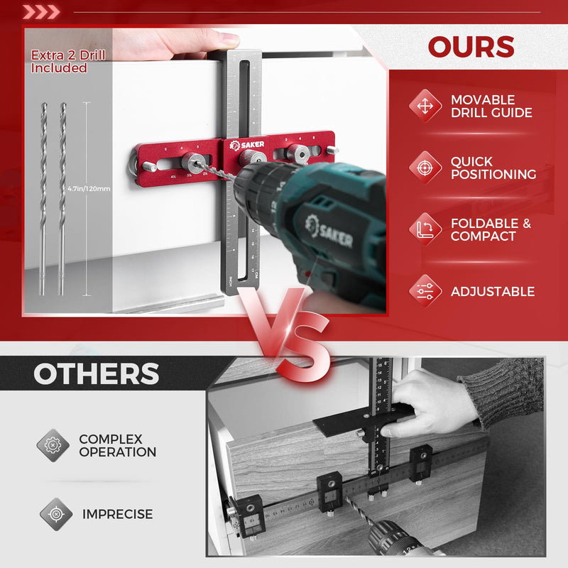 Saker Cabinet Hardware Doweling Jig,Adjustable Cabinet Template Tool for Knobs,Handles and Pulls,Self Centering Punch Locator Precise Woodworking Drill Guide for Drawer Cabinet Installation 6 Holes