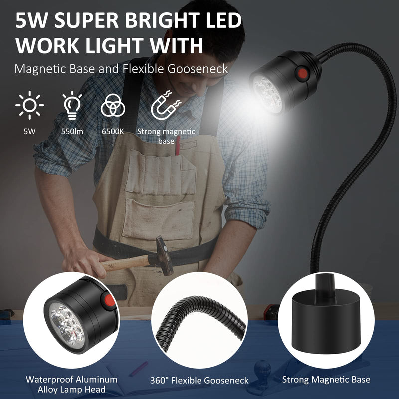 Magnetic Work Light, LED Machine Light with Flexible Gooseneck and Magnetic Base, Shop Tool Lamp for Lathe, Work Bench, Sewing Machine, Grill, Industrial Lighting Black - NewNest Australia