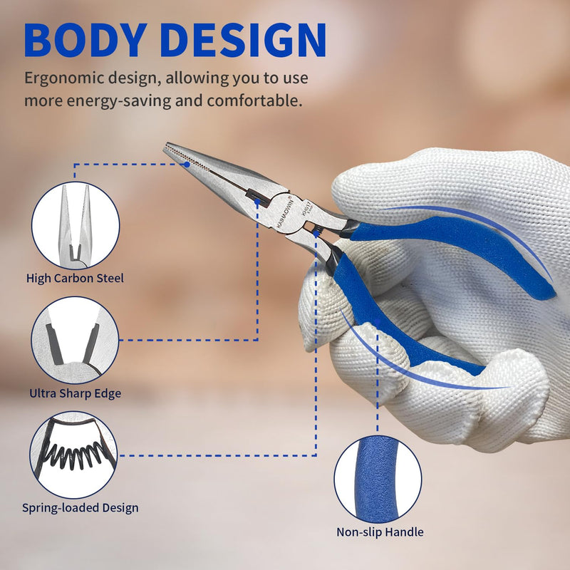 Mini Needle Nose Pliers 5"-5 Pack KAIHAOWIN Small Long Nose Pliers with Wire Cutters, Spring Loaded Thin Needle Nose Pliers, Precision Pliers Set for Crafts/Jewelry Making/Tiny Project