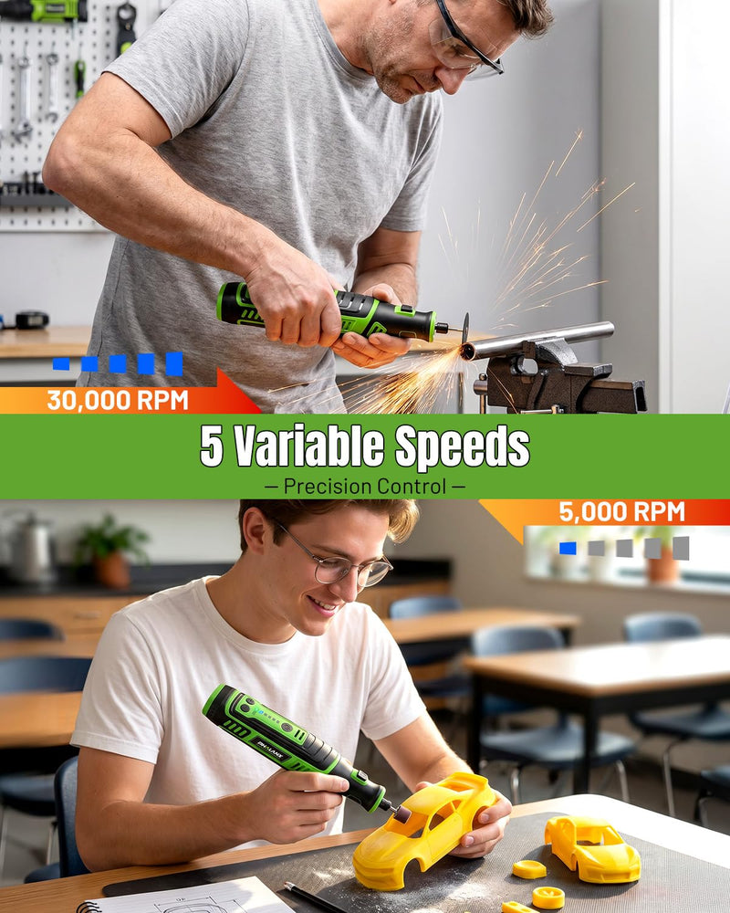 PHALANX Cordless Rotary Tool Kit | 5,000-30,000 RPM/5 Speed, 8V Engraving Pen with 117 Accessories, USB-C, LED Light for 3D Printer Sanding, Polishing, Engraving, Wood Carving, DIY Crafts 8v Rotary Tool Kit