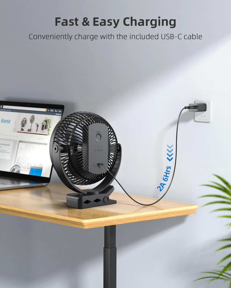 Koonie 10000mAh Clip on Fan Rechargeable, 8-Inch Battery Operated Desk Fan, USB Fan with 4 Speeds, Strong Airflow Sturdy Clamp for Golf Cart Office Desk Outdoor Travel Camping Tent Gym Treadmill,Black Black