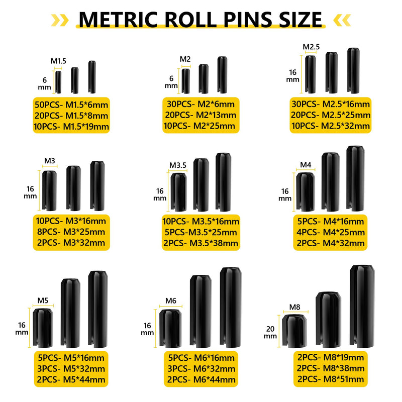 274 Pcs Roll Pin Set, Slotted Metric Roll Pins 65Mn Steel - M1.5 M2 M2.5 M3 M3.5 M4 M5 M6 M8 for Home Automotive Repair 274Pcs Metric Roll Pins