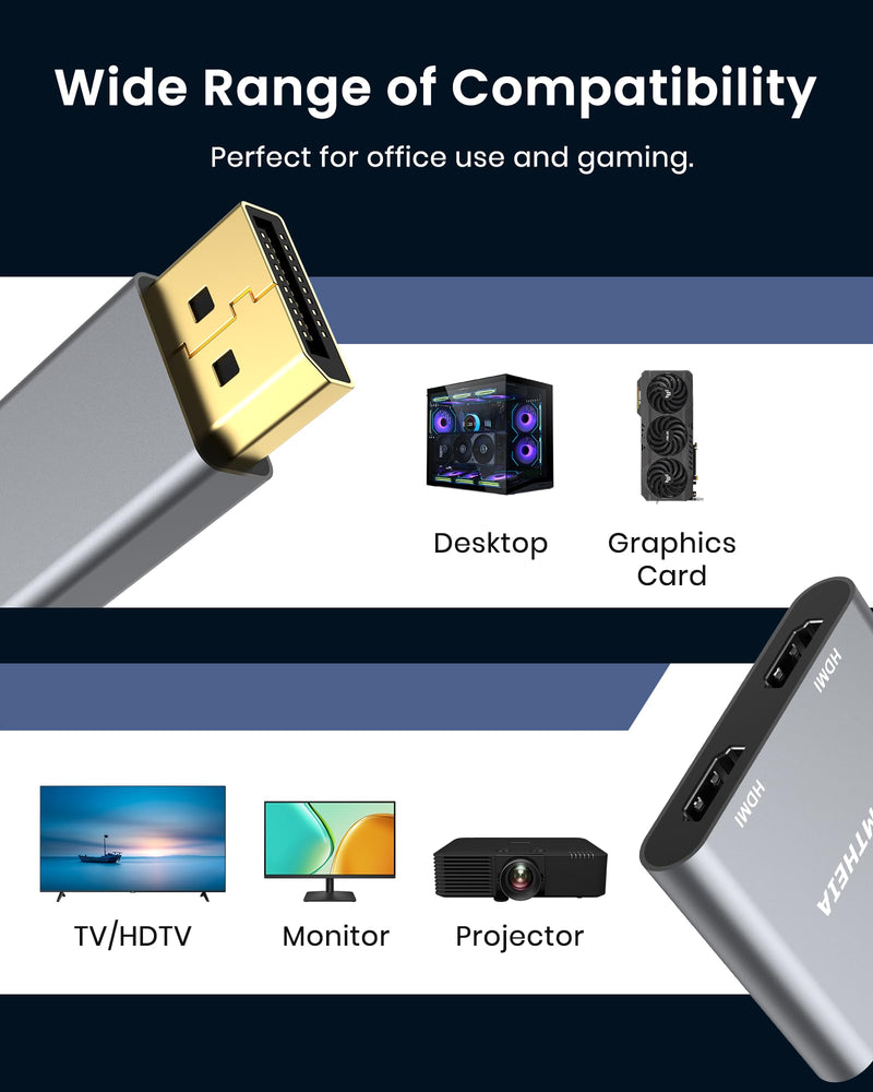 4K 60Hz DisplayPort to Dual HDMI Adapter, MST Splitter for Dual Monitor Extender, Supports Extended & Mirror Mode, Plug and Play, USB Power Cable Included