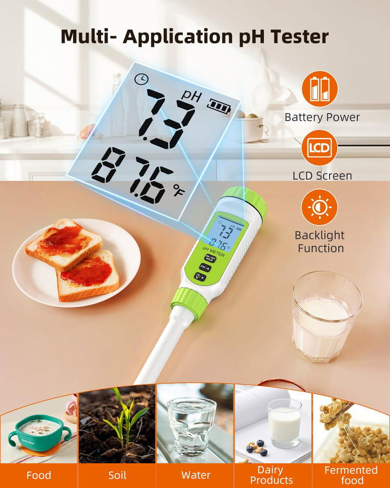 Tadeto Multifunctional Digital pH Meter for Food, High Precision Garden Soil pH Test Kit with LCD ℃/℉ Display for Plant/Solution, Water and Food pH Tester for Meat, Bread, Cheese,Water, Pool Green