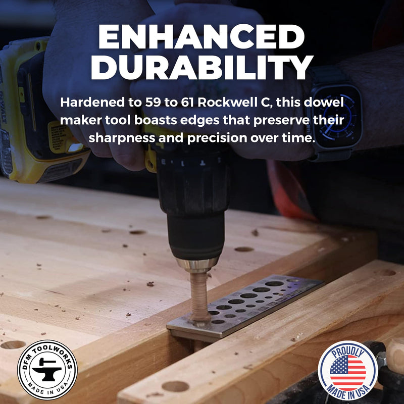 Doweling Tool - Premium Dowel Maker Tool, Versatile Dowel Plate, High-Grade A2 Steel for Woodworking, Made in USA - English 17 Holes, Multi-Size