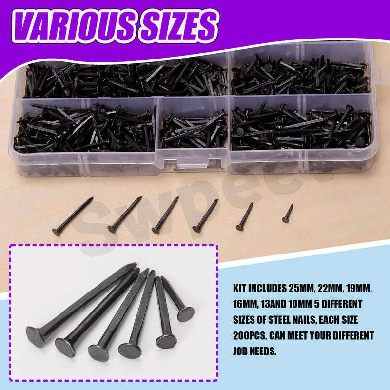 Swpeet 1200Pcs 6 Sizes 10mm/13mm/16mm/19mm/22mm/25mm Metal Nails Tacks Assortment Kit, Non-Slip Shoe Tacks Metal Hardware Nails Studs for Shoes Boots Leather Heels Soles Repairs Replacement