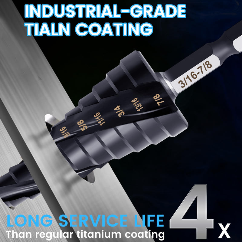 3PCS M35 Cobalt Step Drill Bit for Metal 1/8"-7/8" (34 Step), Three Spiral Flute Step Drill Bit Set & Automatic Center Punch, 1/4" Hex Shank Industrial Grade HSS Unibit Drill Bit for Wood 34 Step Size(1/8"-7/8")