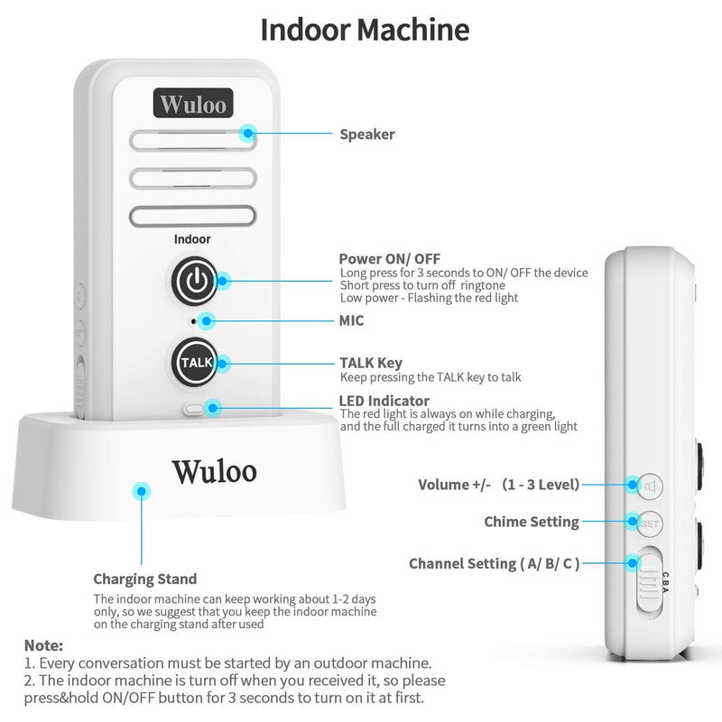 Wuloo Wireless Intercom Doorbell Chime for Home Intercomunicador (1&1-White) 1&1-White