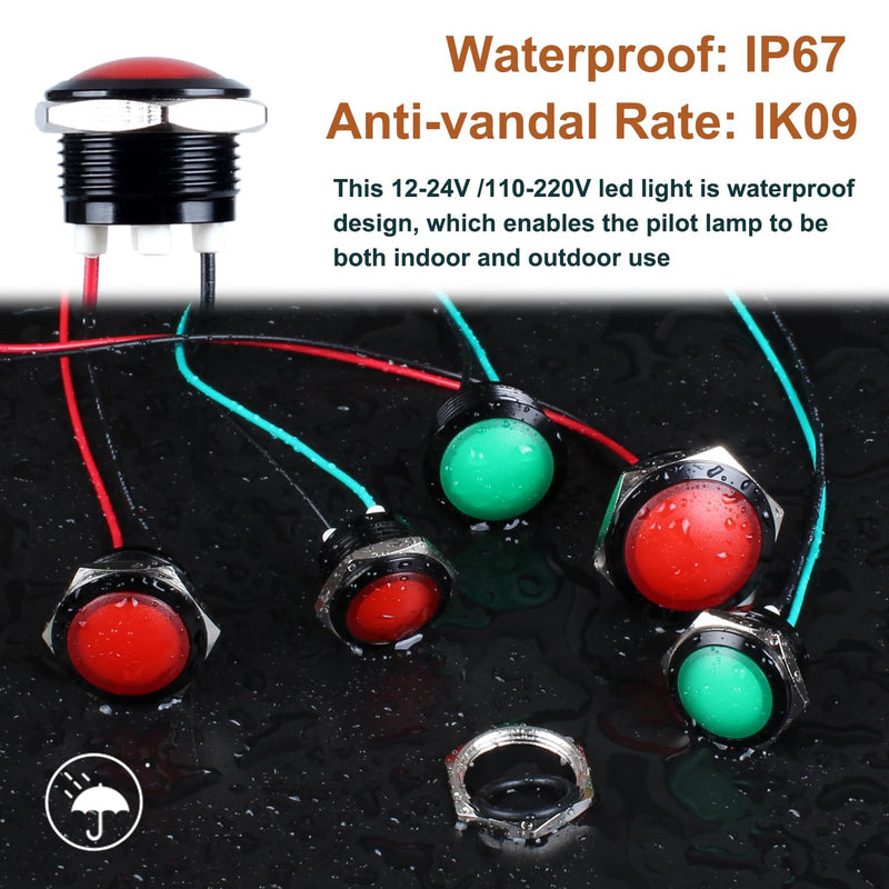 2PCS 16mm Metal Indicator Light, 12-24V AC/DC 20mA Waterproof IP67 Single lamp LED Pilot Lamp Raised Head with Wire for Car Truck Boat(Red LED) Black Anodized Shell Red 12-24V 16mm
