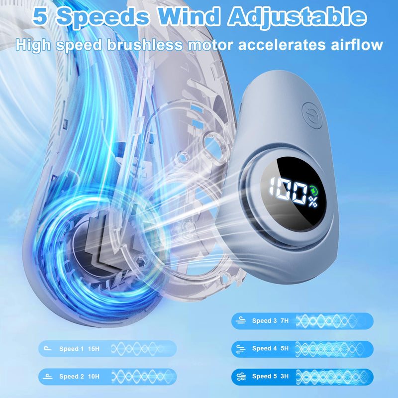 Portable Neck Fan that Blow Cold Air, LED Display, Rechargeable Hands-Free Wearable Cooling Personal Fan, 5 Speed, Neck Support, Bladeless Neck Air Conditioner, Gifts for Women/Men, Hot Flashes Light Blue