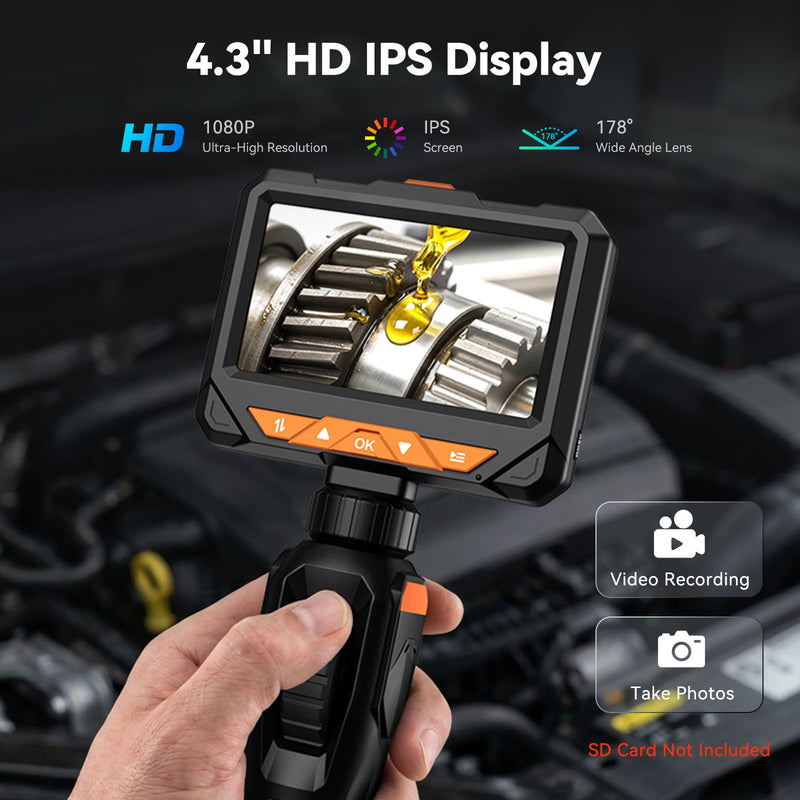 Two-Way Articulating Borescope, Endoscope Camera with Light, 1080P Industrial Inspection Camera with 4.3" Screen, 5FT Flexible Snake IP67 Waterproof Scope for Automotive, Wall, HVAC & Mechanics