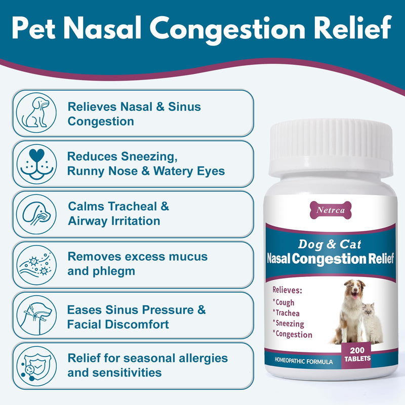 Dog and Cat Nasal Congestion Relief - Helps Relieve Sneezing, Trachea, Runny Nose & Nasal Congestion | Easy-to-Administer Tablets (200 ct)