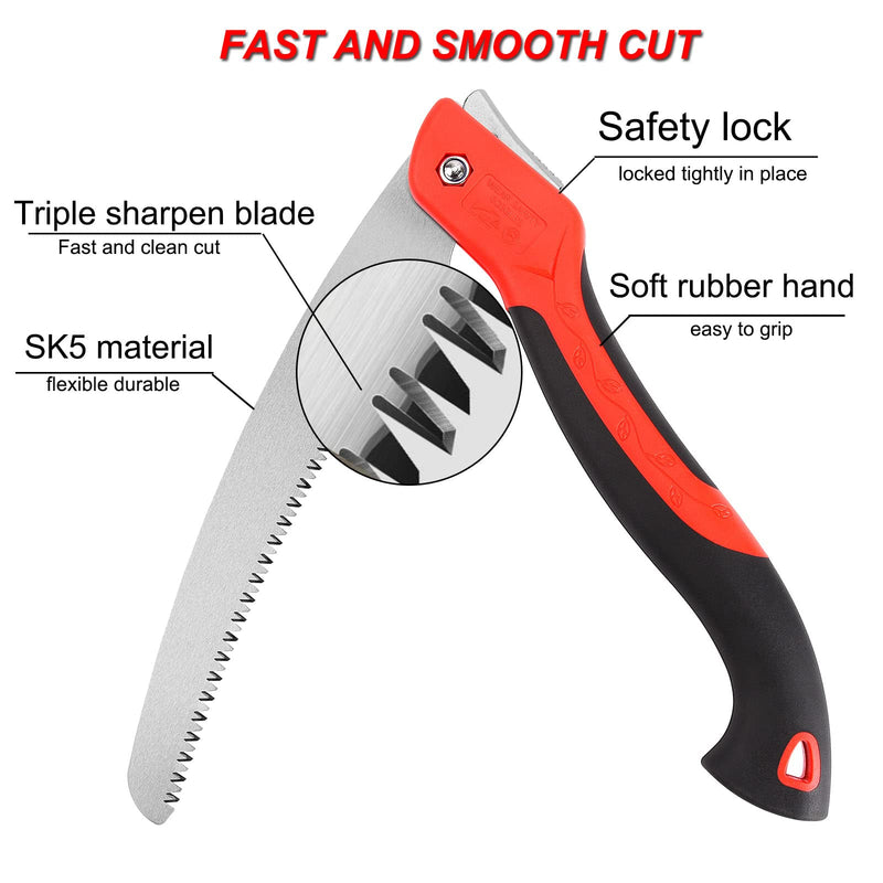 10 Inch Heavy Duty Pruning Saw, Folding Hand Saw with SK5 Curved Blade, Triple-cut Razor Teeth Used for Trees Wood Cutting Camping Gardening Work, Hiking, Landscaping, Tree Trimming 10 Inch