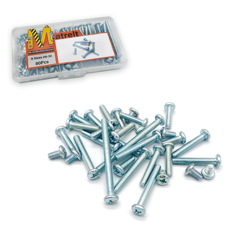 80 Pcs 8 Sizes #8-32 Machine Screws Knob Screws Cabinet Screws Electricians Screws, Carbon Steel Zinc-Plated Phillips Pan Head Machine Screws Assortment Kit #8-32-8Size-80P