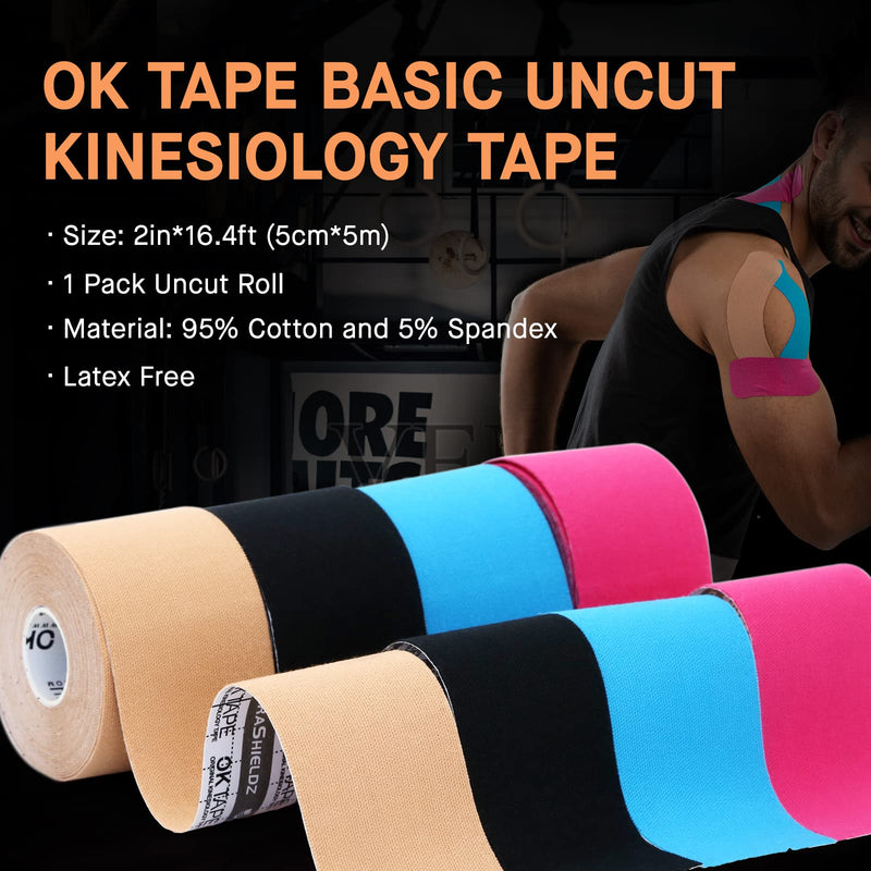 OK TAPE Kinesiology Tape, Regular Original Cotton Elastic Athletic Tape for Support and Recovery, Sports Tape Therapeutic Pain Relief, 2in×16.4ft Uncut Roll - Pink 1 Roll
