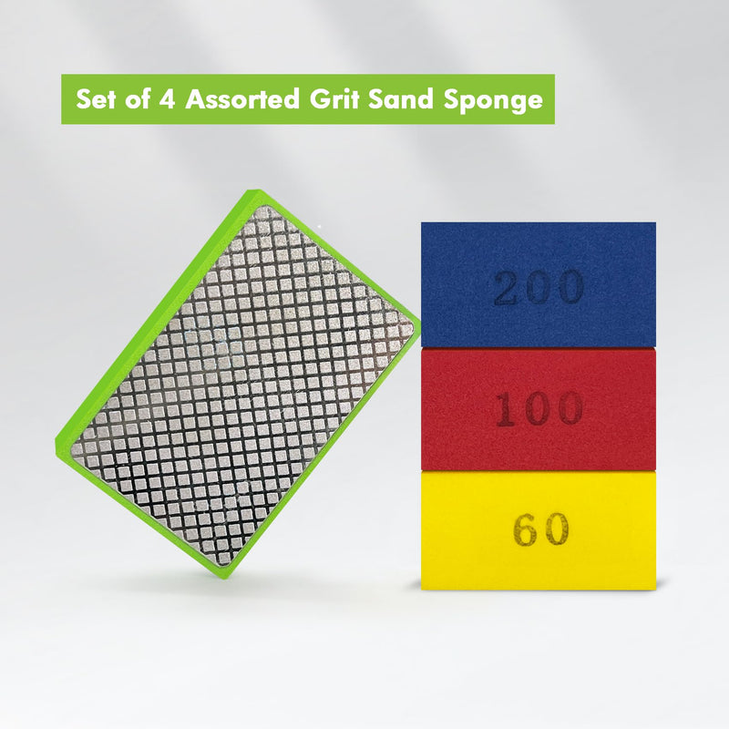 Diamond Hand Polishing Pads, Diamond Sanding Pads for Ceramic Tile Glass Stone Granite Wood Marble Metal, 4PCS Foam Backing Grinding Blocks Grit 60#,100#,200#,400#, Tile Tools