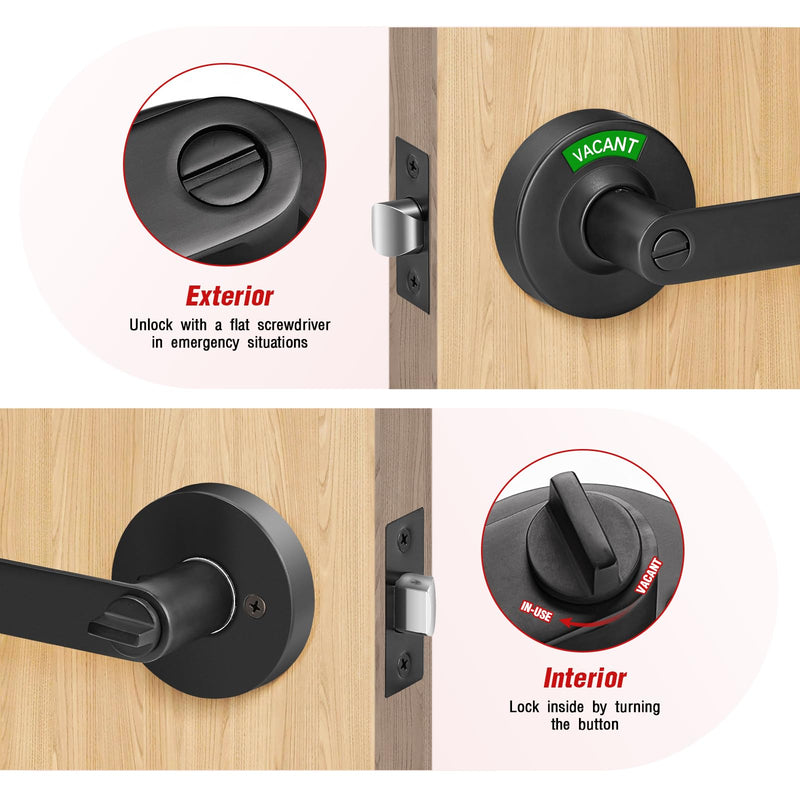 Bathroom Indicator Privacy Door Lock, Vacant Occupied Bathroom Lock, Large Vacant or in-Use Door Handle for All Women Men Restrooms, Ansi Grade 2 Commercial Grade, Black Matte Black