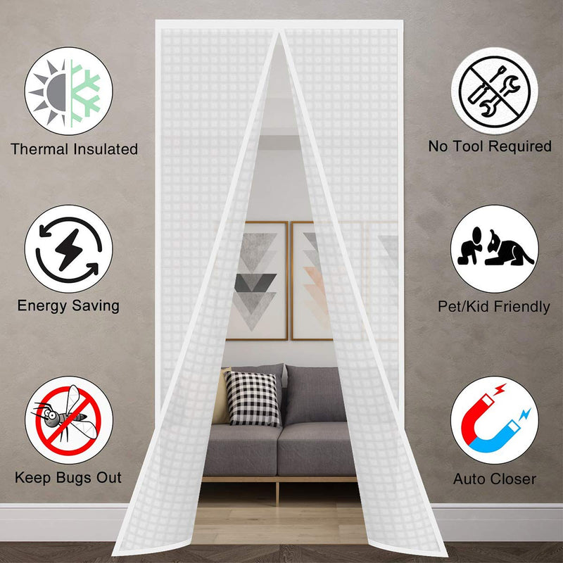 Insulated Curtain, Thermal Magnetic Self-Sealing EVA Screen Keep Cold Out, Auto Closer for Kitchen, Patio, Air Conditioner Room, Hands Free, Fits Doors up to 34" x 80", White Fit Door Size up to 34" x 80"
