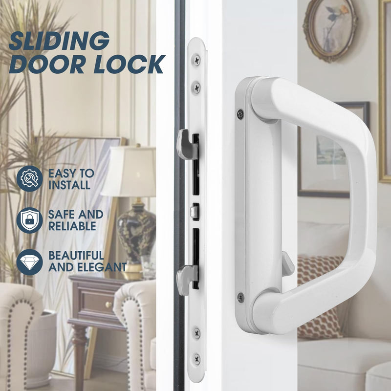 Patio Sliding Door Handle Set with Mortise Lock，Fits Sliding Glass Door Thicknesse is 1-1/2'' to 2'' and 4-15/16'' Screw Hole Spacing, with Door Keeper and 2 Keys （White）