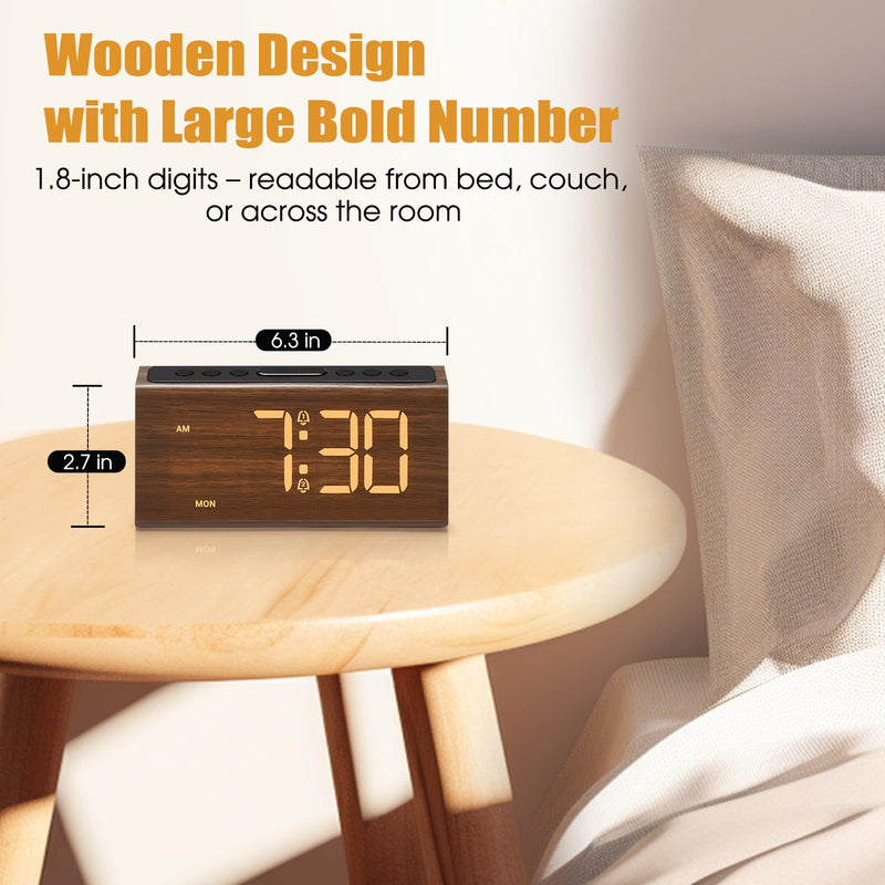 Cadmos Wooden Digital Alarm Clock for Bedroom,Electric Desk Clock with USB Port,Loud Alarm for Heavy Sleepers,Adjustable Volume & Dimmer,Snooze,DST,Wood Decor,Bedside & Desk Us(Brown - Amber Digits) Brown - Amber Digits