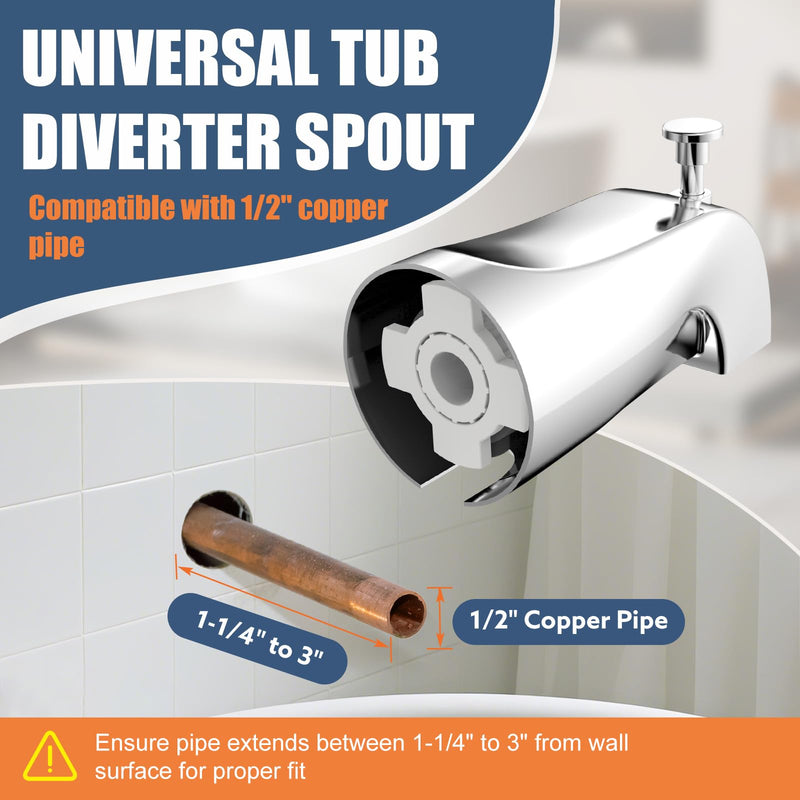 Universal Bathtub Tub Spout with Diverter, Fits 1/2" Slip-Fit Copper Pipe Connection, Pull Down Bathtub Faucet Spout Replacement, Easy Installation (Chrome) Chrome