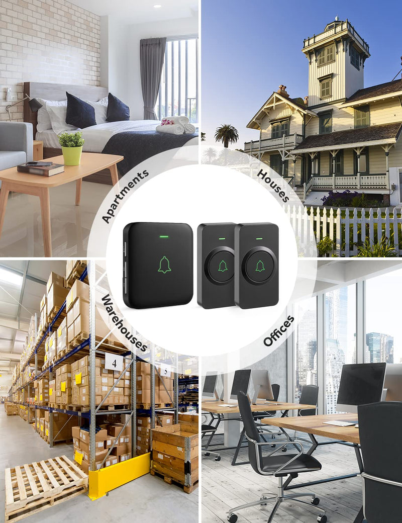 AVANTEK Wireless Door Bell, CB-21 Mini Waterproof Wireless Doorbell Operating at Over 1000 Feet, 2 Remote Buttons Can Have Different Tones, 52 Melodies, CD Quality Sound and LED Flash 2 Transmitters Black