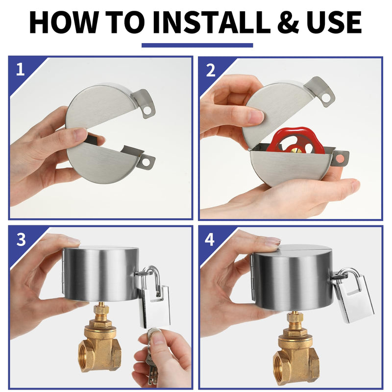 Outdoor Faucet Lock, Stainless Steel Water Hose Spigot Lock Cover with Padlock for 1-1/2 to 3 Inch Valve Handles to Prevent Outdoor Water Theft and Unauthorized Use