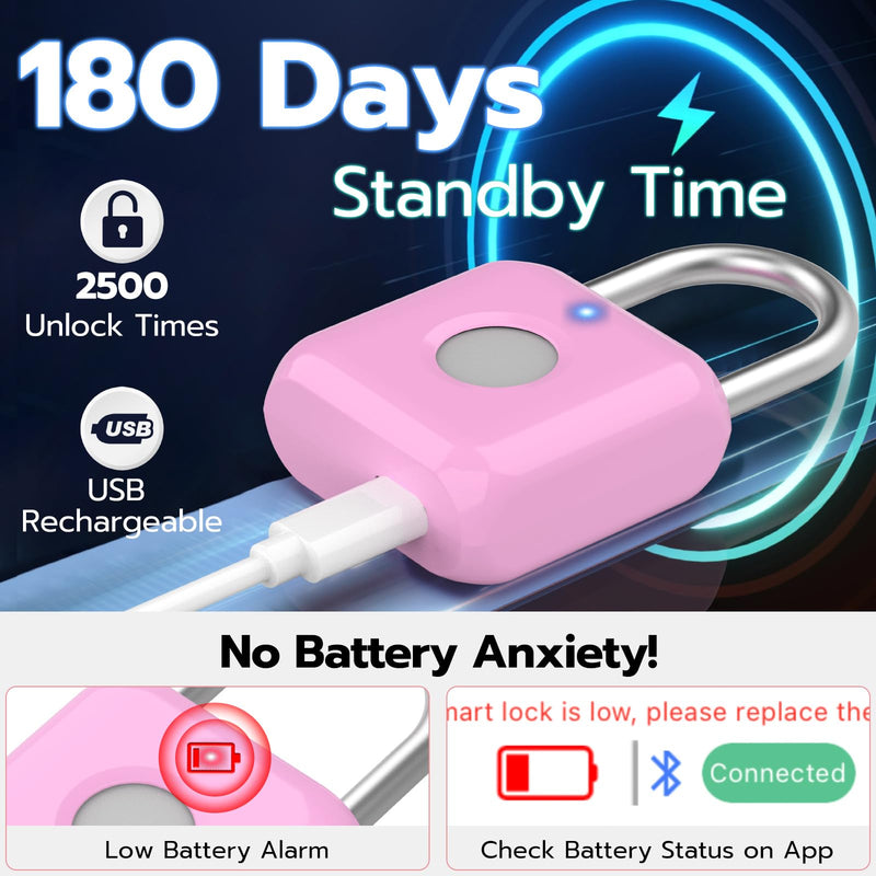 Fingerprint Padlock,Smart Padlock with APP Unlock,Fingerprint Locker Lock,USB Rechargeable for Gym Locker,Locker, School,Storage, Luggage Pink