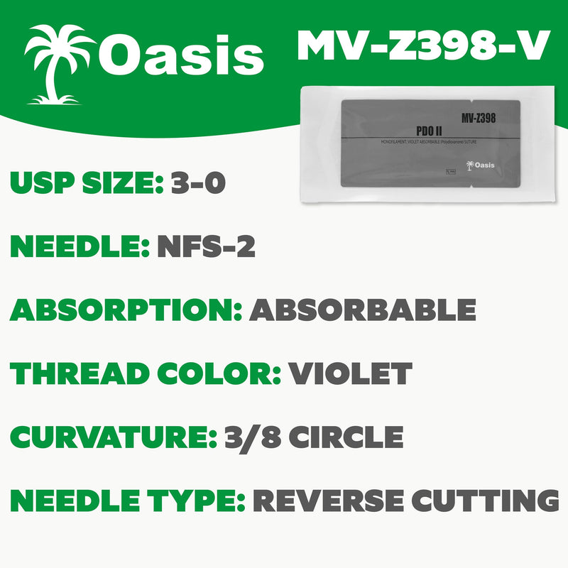 Oasis Vet PDO (Polydioxanone) Surgical Suture, 3-0, (FS-2) 3/8 19mm Reverse Cutting Needle, 75cm, 12/Box, Veterinary Use