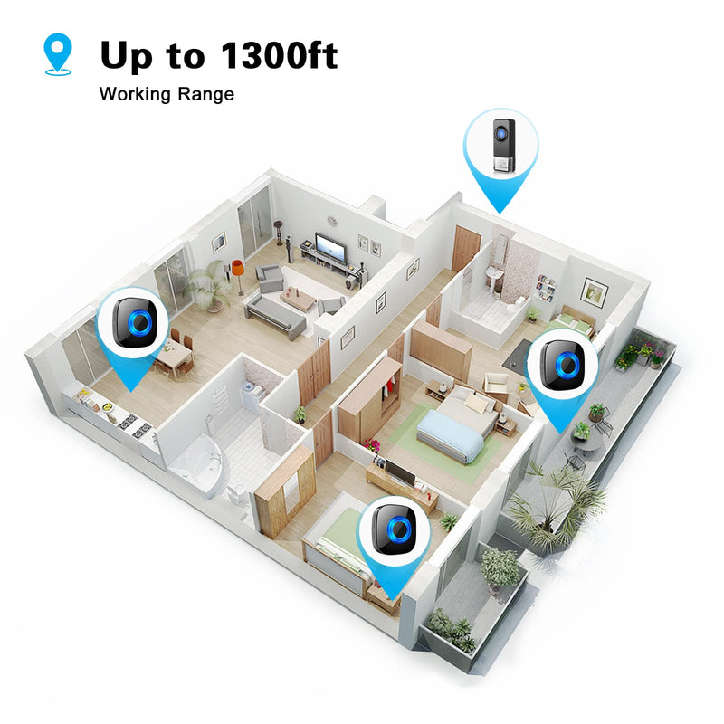 Wireless Doorbell - PHYSEN Door bell Chimes with Mute Mode - 58 Ringtones&5 Volume Levels Operating at 1300-ft Range LED Strobe, 2 Transmitters+3 Receivers Waterproof Doorbell Kit for Home/Classroom 2 Buttons + 3 Receivers