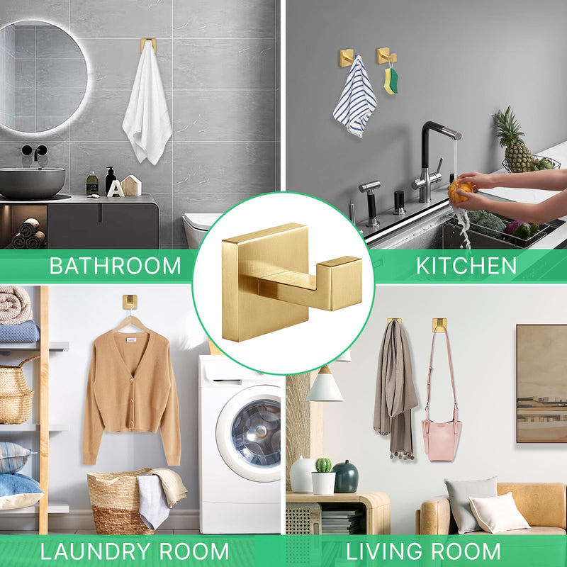 Towel Hooks Robe Hook Coat Hook Stainless Steel Heavy Duty Bathrooms Square Hooks Wall Mounted for Bathroom Kitchen Bedroom Brushed Gold 2 Pack