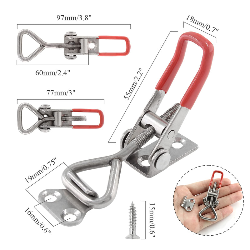 2Pcs Adjustable Toggle Latch Clamp 4001 Style, 304 Stainless Steel Quick Release Hasp Clamp Heavy Duty 390Lbs Holding Capacity Pull Toggle Clamp for Smoker Lid Jig, Box Case (8Pcs Screws)
