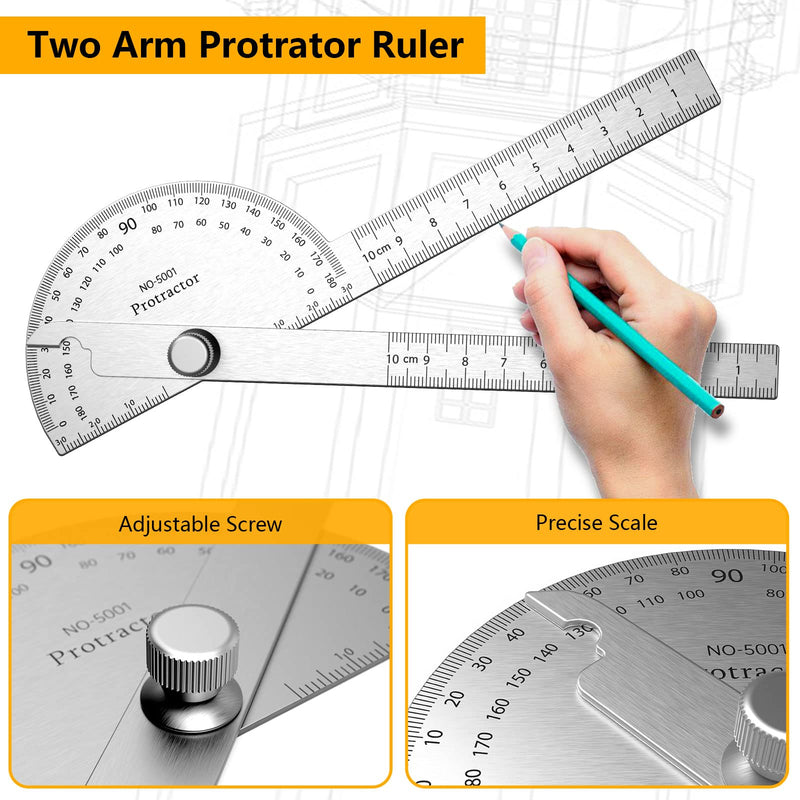 ForoGore Stainless Steel Protractor 180 Degrees Two Arm Ruler Adjustable Angle Protractor Woodworking Ruler Craftsman Angle Measure Tool (10 cm/ 3.94 Inch) 10cm/3.94 Inch