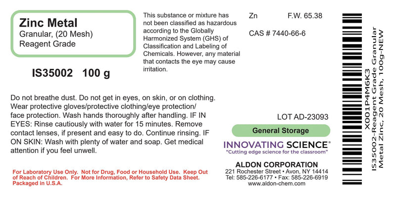 ALDON Innovating Science Reagent Grade Granular Metal Zinc, 20 Mesh, 100g - The Curated Chemical Collection