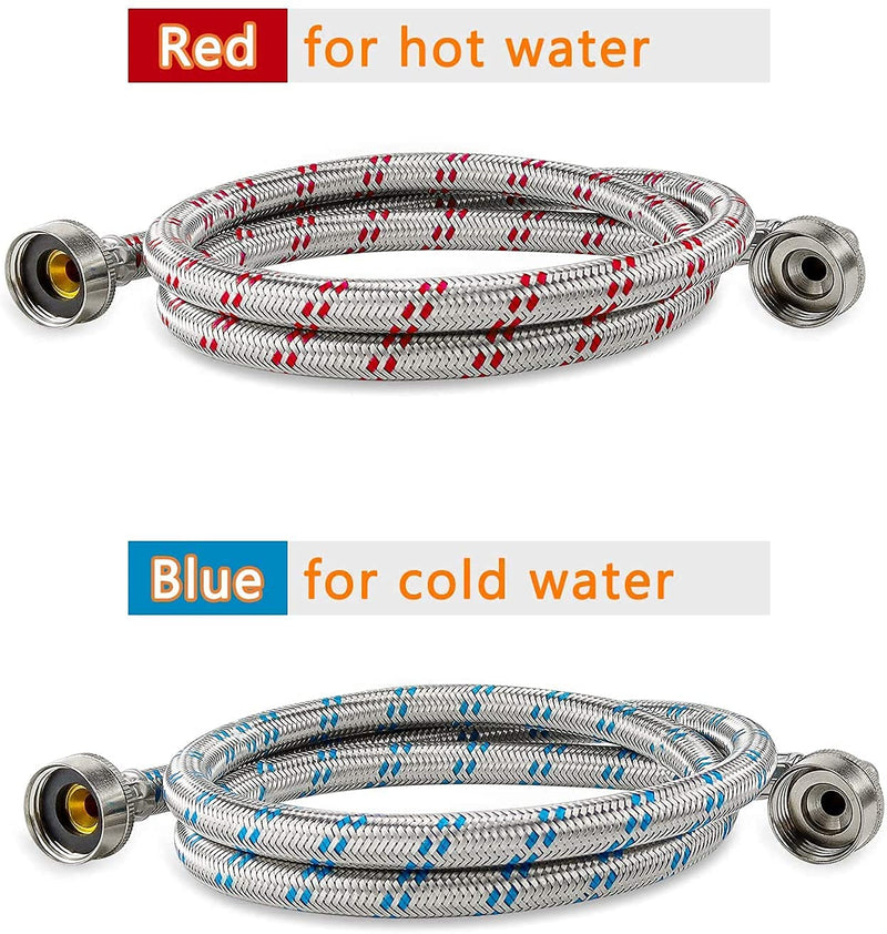 Cenipar Washing Machine Hoses 4feet with 90 Degree Elbow Premium Stainless Steel Burst Proof (cost-effective 2 pack) Red and Blue Striped Water Connection Inlet Supply Lines 90 Degree Elbow Hoses 4 Feet