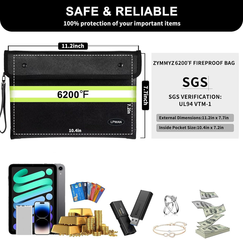 Upgraded Insulated Fire Proof Money Bag for Cash,6200℉ Fireproof and Waterproof Document Pouch with Water Resistant Zipper,Fireproof Envelopes for Important Documents,Valuables Black Medium Size