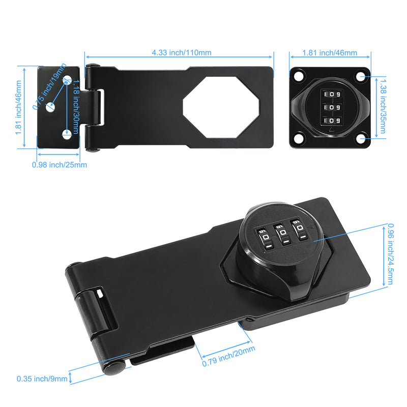 Password Rotary Hasp Locks, Black 4 Pack Cabinet Locks with Combination, Keyless Security Latch for Sliding Barn Door, Gate, Small Door, Closet, Drawers