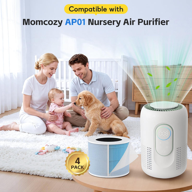 4-pack AP01 Filter Replacement, Compatible with Momcozy AP01 Nursery Air Purifier, 4-in-1 Safe & Activated Carbon Air Filters