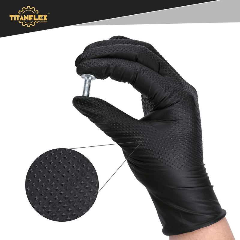 TitanFlex Thor Grip Heavy Duty Black Industrial Nitrile Gloves with Raised Diamond Texture, 8-mil, Latex Free 100 Large (Pack of 100)