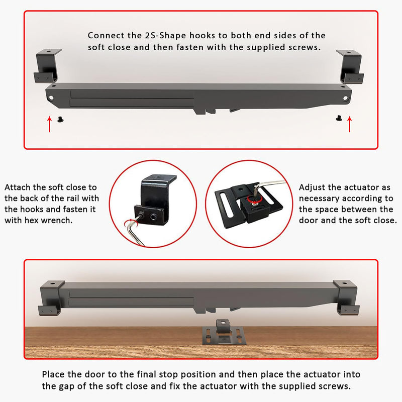 2PCS Hole-Free Barn Door Soft Close Mechanism, Upgraded Design Sliding Door Hardware Spring Buffer Damper, One Way Operation Invisible Door Stopper Adjustable Actuators with Actuator Spacers Normal Barn Door Soft Close Mechanism